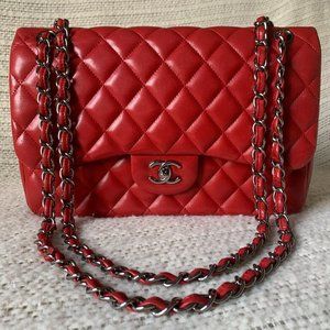 Chanel Red Lamb Jumbo Flap Bag Ruthenium Hardware